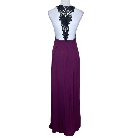 Grace Women's Plum Black Floral Lace Low Cut Maxi Dress Sexy Romantic S/M - Picture 3 of 8